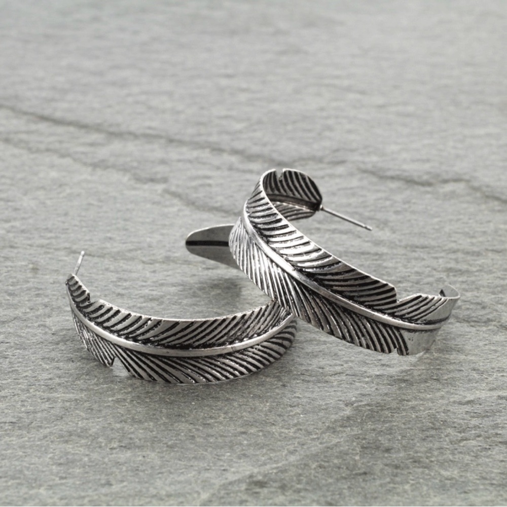 Large Etched Feather Hoop Earrings – Antiqued Silver Western Boho